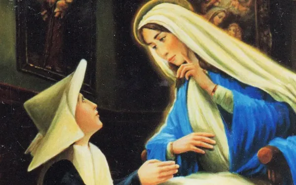 Santa Catalina Labouré escuchando las indicaciones de la Virgen de la Medalla Milagrosa. Crédito: Famvin.org (Familia Vicentina)