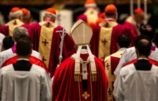 Misa en la Basílica de San Pedro presidida por el Papa Francisco por el descanso de las almas de los cardenales y obispos fallecidos el año anterior. Crédito: Daniel Ibáñez / EWTN News.