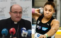 El Obispo de Orihuela-Alicante (España), Mons. José Ignacio Munilla y la atleta cristiana Yemisi Ogunleye.