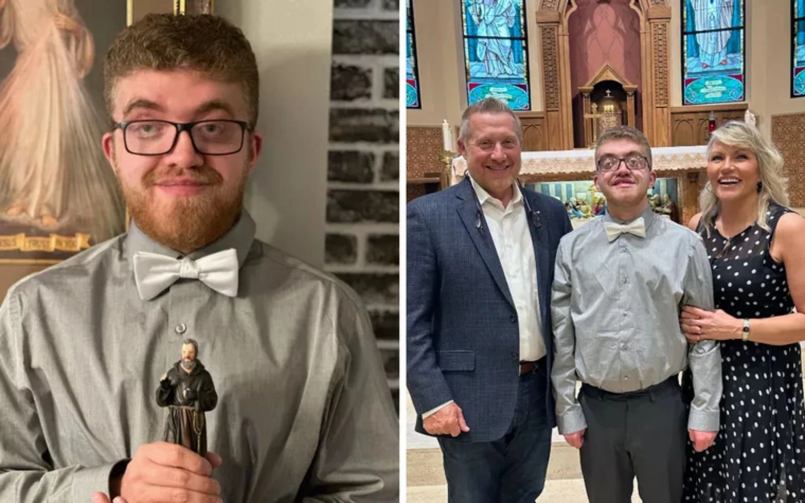 De izquierda a derecha: Paul Gannucci sostiene una estatua de su santo de confirmación, San Pío de Pietrelcina. Rob y Annette Gannucci flanquean a su hijo, Paul, en la iglesia de St. James en Duluth, Minnesota, el día de su Primera Comunión.?w=200&h=150