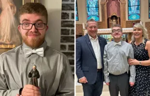 De izquierda a derecha: Paul Gannucci sostiene una estatua de su santo de confirmación, San Pío de Pietrelcina. Rob y Annette Gannucci flanquean a su hijo, Paul, en la iglesia de St. James en Duluth, Minnesota, el día de su Primera Comunión. Crédito: Annette Gannucci.