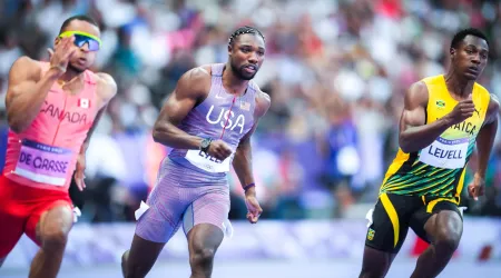 Noah Lyles en la carrera de 200 metros planos en París 2024 12082024