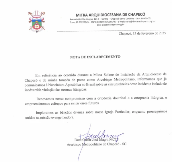 Clarification of the Archdiocese of Chapecó in Brazil. Credit: Archdiocese of Chapecó.