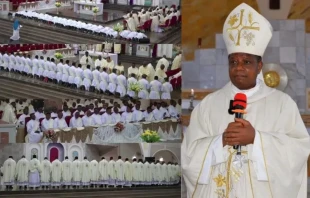 En su discurso en la ordenación de 23 nuevos sacerdotes, Mons. Godfrey Igwebuike Onah expresó gratitud y alegría por el creciente número de sacerdotes que sirven en la diócesis católica nigeriana de Nsukka, el 10 de agosto de 2024. Crédito: Diócesis de Nsukka