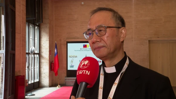 El Obispo Norbert Pu durante la entrevista con CNA. Crédito: EWTN News.