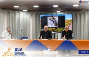 El Arzobispo de Valencia y presidente de la CEV, Mons. Jesús González de Zárate junto al Nuncio Apostólico en Venezuela, Mons. Alberto Ortega Martín, en la inauguración de la  45° Asamblea Plenaria Extraordinaria. Crédito: CEV.