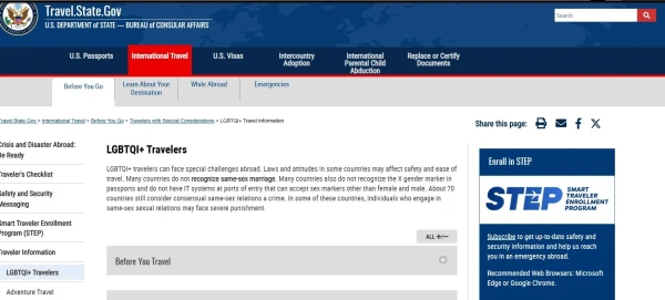 Screen capture of the “Information for travelers LGBTQIA+” of the US Department of State UU. Before implementing the Executive Order. Credit: US Department of State.