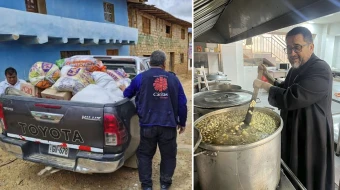 Una camioneta de Cáritas del Perú lleva ayuda a los más necesitados. / El Padre Omar Sánchez revuelve una olla con comida para los pobres a los que sirve.