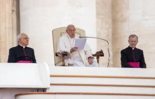 El Papa Francisco lee su catequesis en la Audiencia General de este 19 de junio Crédito: Daniel Ibáñez/ EWTN News