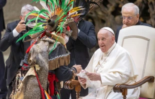 El Papa Francisco durante la audiencia general del 7 de agosto de 2024 en el Vaticano. Crédito: Daniel Ibáñez/EWTN Vatican.