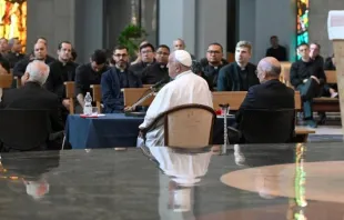 El Papa Francisco en su encuentro con los sacerdotes jóvenes de Roma el 29 de mayo. Crédito: Vatican News.
