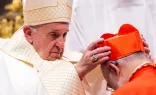 El Papa Francisco coloca la birreta roja al cardenal Cristóbal López Romero de Rabat (Marruecos), durante un consistorio público ordinario para la creación de nuevos cardenales en la Basílica de San Pedro, el 5 de octubre de 2019.