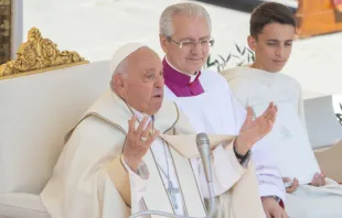 El Papa Francisco explica a los niños del mundo qué es la Santísima Trinidad, durante la Misa que presidió este domingo 26 de mayo en la Plaza de San Pedro en el Vaticano Crédito: Daniel Ibáñez / EWTN News