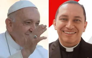 El Papa Francisco y el obispo electo de la Diócesis de Palmira, P. Rodrigo Gallego Trujillo. Créditos: Daniel Ibáñez (ACI) - CEC.