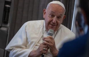 El Papa Francisco dialoga con los periodistas en el vuelo de regreso a Roma tras su viaje de 11 días a Asia y Oceanía. Crédito: Daniel Ibáñez / EWTN News.