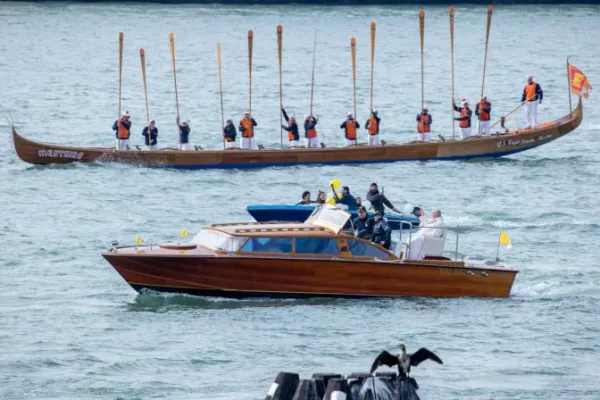 Pope Francis rides a gondola during his visit to Venice in April 2024. Credit: Daniel Ibáñez/EWTN News