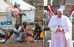 Refugiados que huyeron al campo de refugiados de Kule en Etiopía, 15 de julio de 2014 / Fotografía del Papa Francisco del 7 de marzo de 2021. Crédito 1: Richard Juilliart - Shutterstock / Crédito 2: Vatican Media