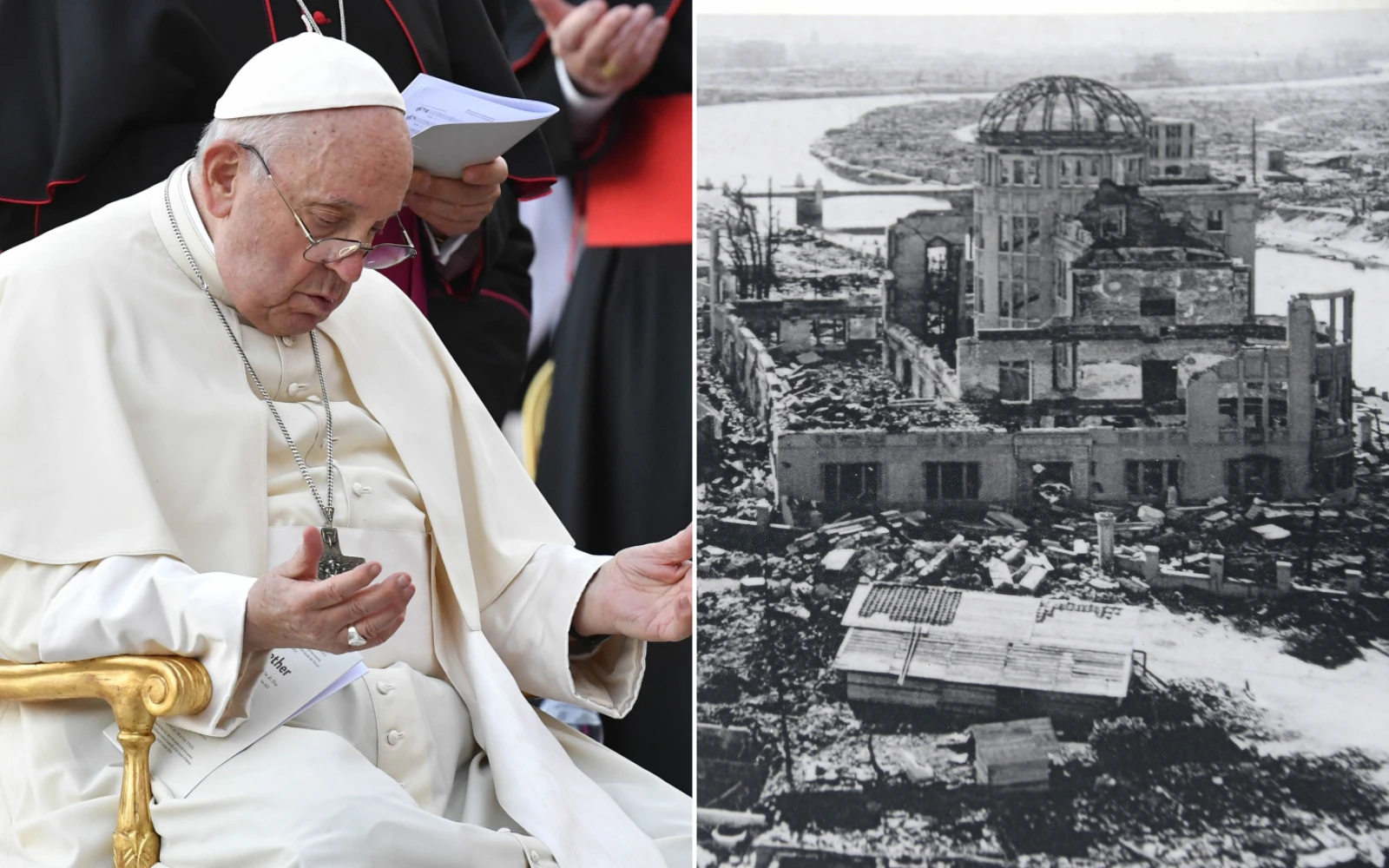 El Papa Francisco preside la vigilia de oración ecuménica en la Plaza de San Pedro, el 30 de septiembre de 2023. / Destrucción causada por la bomba atómica en Hiroshima, Japón, el 6 de agosto de 1945.?w=200&h=150