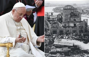 El Papa Francisco preside la vigilia de oración ecuménica en la Plaza de San Pedro, el 30 de septiembre de 2023. / Destrucción causada por la bomba atómica en Hiroshima, Japón, el 6 de agosto de 1945. Crédito 1: Daniel Ibáñez - EWTN News / Crédito 2: GC photographer - Shutterstock