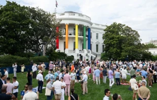 Los pilares del pórtico sur de la Casa Blanca en Washington D.C. están decorados con colores del arco iris mientras los invitados asisten a una celebración del Mes del Orgullo, el 26 de junio de 2024. Crédito: SAUL LOEB/AFP vía Getty Images