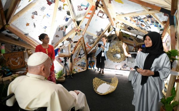 Pope Francis inside the polyhedron. Credit: Vatican Media