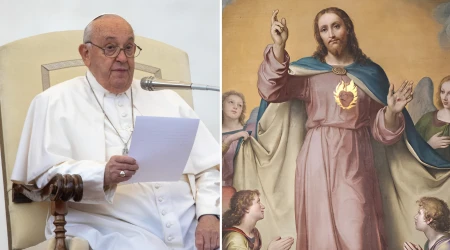 El Papa Francisco habla en la audiencia general en la Plaza de San Pedro. Un cuadro del altar del Sagrado Corazón de Jesús de la Basílica del Sagrado Corazón de Jesús en Roma.