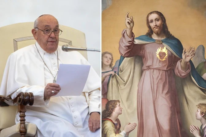 El Papa Francisco habla en la audiencia general en la Plaza de San Pedro. Un cuadro del altar del Sagrado Corazón de Jesús de la Basílica del Sagrado Corazón de Jesús en Roma.