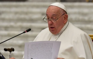 Imagen del Papa Francisco durante su discurso en la sesión final del Sínodo de la Sinodalidad Crédito: Vatican Media