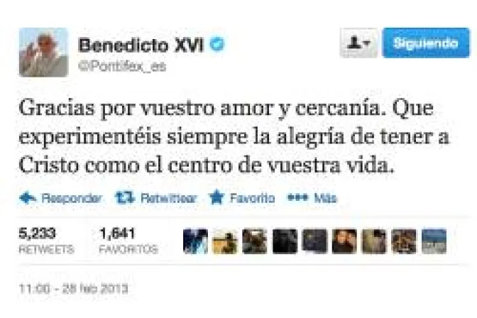 ÚItimo tuit del Papa Benedicto XVI: Gracias por vuestro amor y cercanía