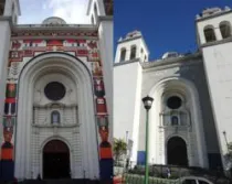 La Catedral con el mural / La catedral ahora sin el mural (fotos Julio César Quintanilla)