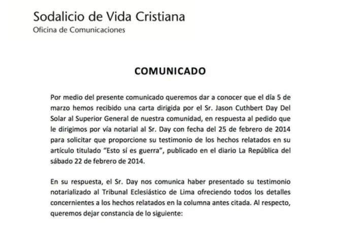 Sodalicio presenta nuevo comunicado sobre caso Jason Day