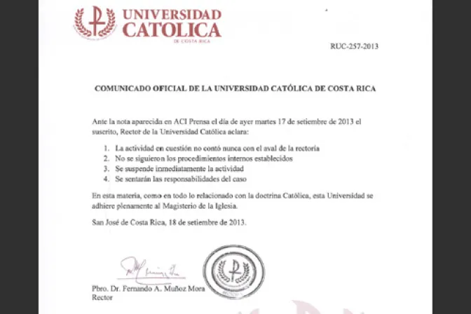 Universidad Católica de Costa Rica: Nos adherimos plenamente al Magisterio de la Iglesia