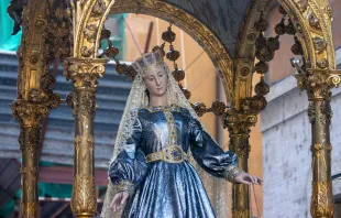 La imagen de la Virgen del Carmen, con un vestido azulado, por las calles de Roma. Crédito: Daniel Ibáñez / EWTN News