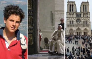 Carlo Acutis (izquierda), Papa Francisco abriendo la Puerta Santa en la Basílica de San Pedro (centro), reapertura de la Catedral de Notre Dame (derecha). Crédito: Shutterstock / Daniel Ibañez - ACI Prensa