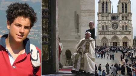 Carlo Acutis (izquierda), Papa Francisco abriendo la Puerta Santa en la Basílica de San Pedro (centro), reapertura de la Catedral de Notre Dame (derecha)