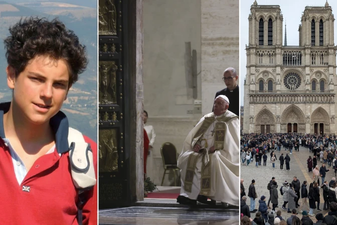 Carlo Acutis (izquierda), Papa Francisco abriendo la Puerta Santa en la Basílica de San Pedro (centro), reapertura de la Catedral de Notre Dame (derecha)