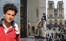 Carlo Acutis (izquierda), Papa Francisco abriendo la Puerta Santa en la Basílica de San Pedro (centro), reapertura de la Catedral de Notre Dame (derecha).