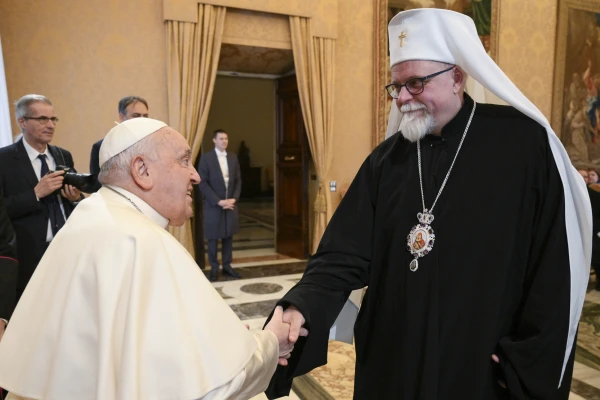 The Pope greets the new head of the Finnish Orthodox Church, Archbishop Elias of Helsinki. Credit: Vatican Media