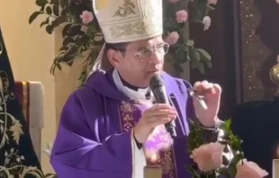 El obispo Rolando Álvarez en la Misa que celebró en Sevilla, España. Crédito: Padre Erick Díaz.