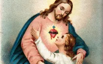 El Sagrado Corazón de Jesús y una devota. "A believing soul approaching Christ's Sacred Heart. Colour lithograph (1898)