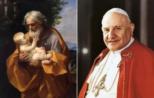 San José sosteniendo al Niño Jesús, en pintura de Guido Reni; y San Juan XXIII. Crédito: Dominio público.