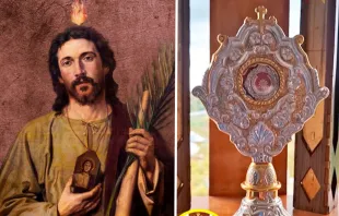 Imagen de San Judas Tadeo y la reliquia del apóstol que será entronizada. Crédito: Instagram Basílica San Judas (captura de video)