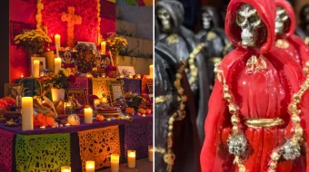 Altar del Día de Muertos y una imagen de la “Santa Muerte”