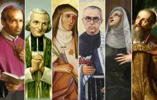 Izquierda a derecha: San Alfonso María de Ligorio, San Juan María Vianney, Santa Edith Stein, San Maximiliano Kolbe,  Santa Mónica, San Agustín Crédito: Dominio Público