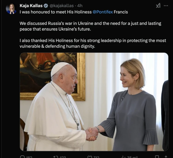 The Pope and the high representative of the European Union at the Audience. Credit: Screen capture social network X