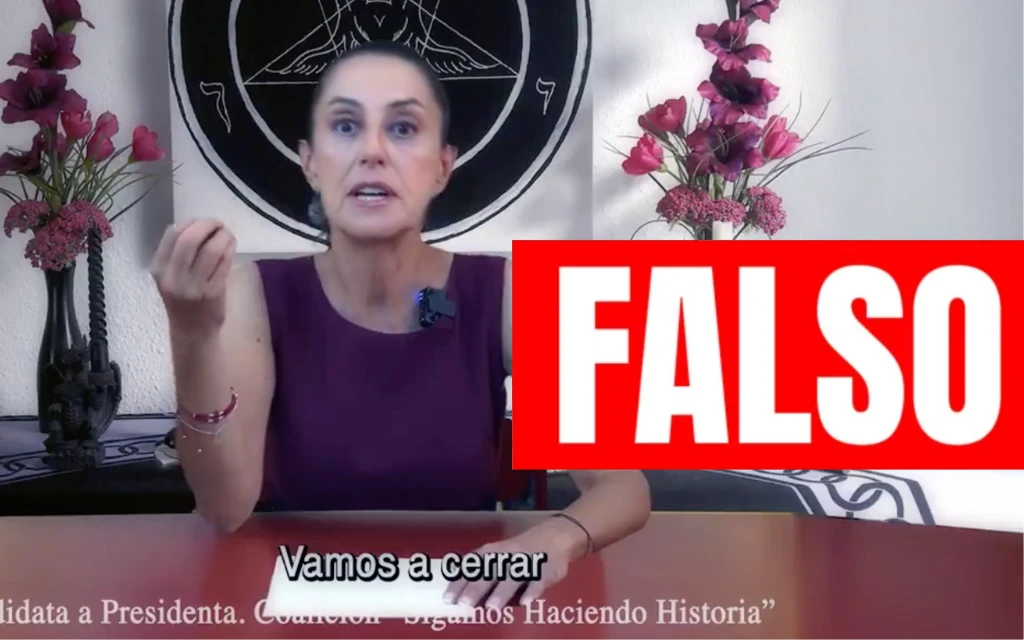 Es falso que Claudia Sheinbaum haya prometiendo cerrar iglesias ni que haya grabado un video con un fondo satánico.?w=200&h=150