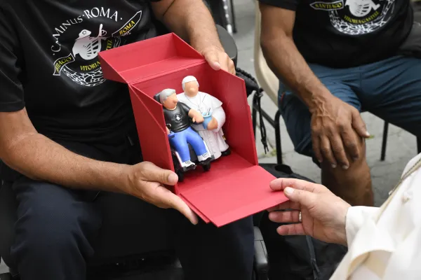 The gift of two clay figures that they gave to Pope Francis.  Credit: Vatican Media