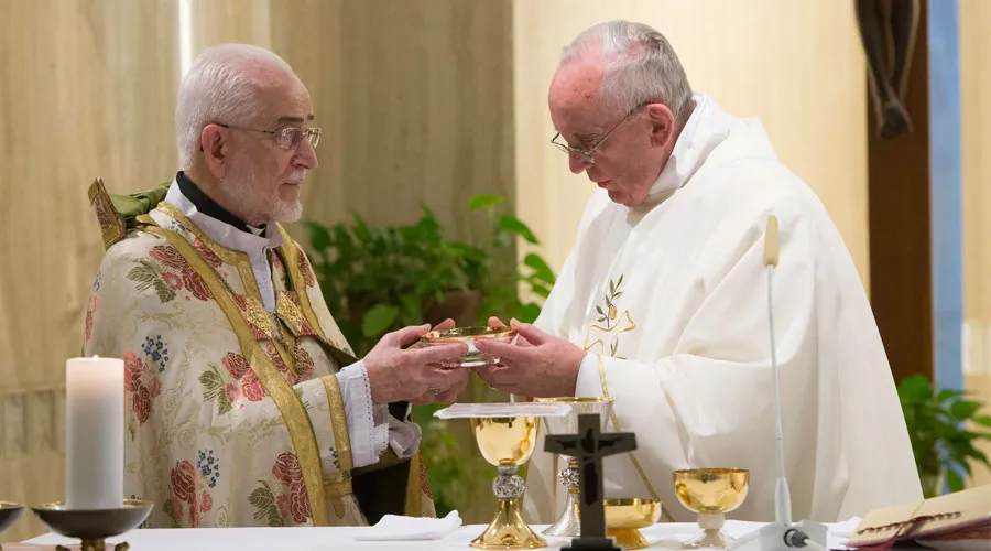 El nuevo  Patriarca de Cilicia de los Armenios, Gregorio Pierre XX Ghabroyan concelebra con el Papa Francisco. Foto L'Osservatore Romano