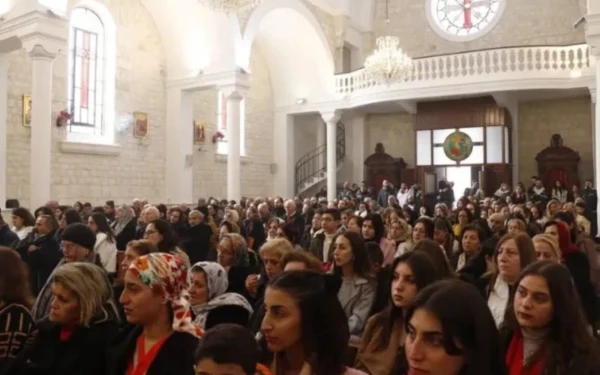 Parishioners at a Mass presided over by Bishop Hanna Jallouf at St. Joseph's Church in Al-Qaniya, Idlib, Syria, the bishop's hometown. Credit: CTS.