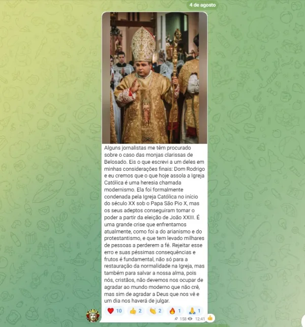 Ribeira da Silva acusa a la Iglesia Católica de estar llena de herejía modernista. Crédito: Captura canal de Telegram de Controversia Católica.